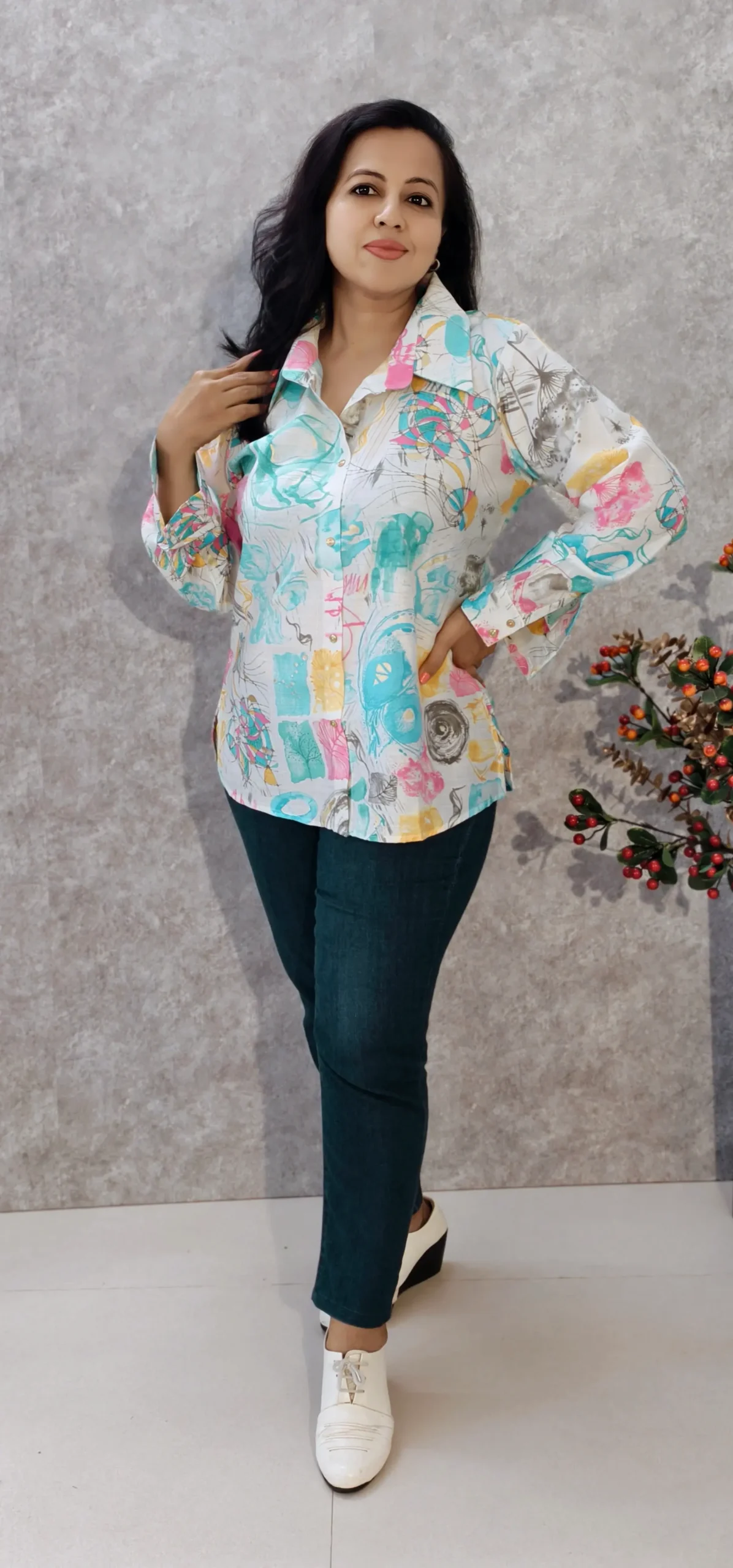 White Linen Shirt with Multicolor Digital Print