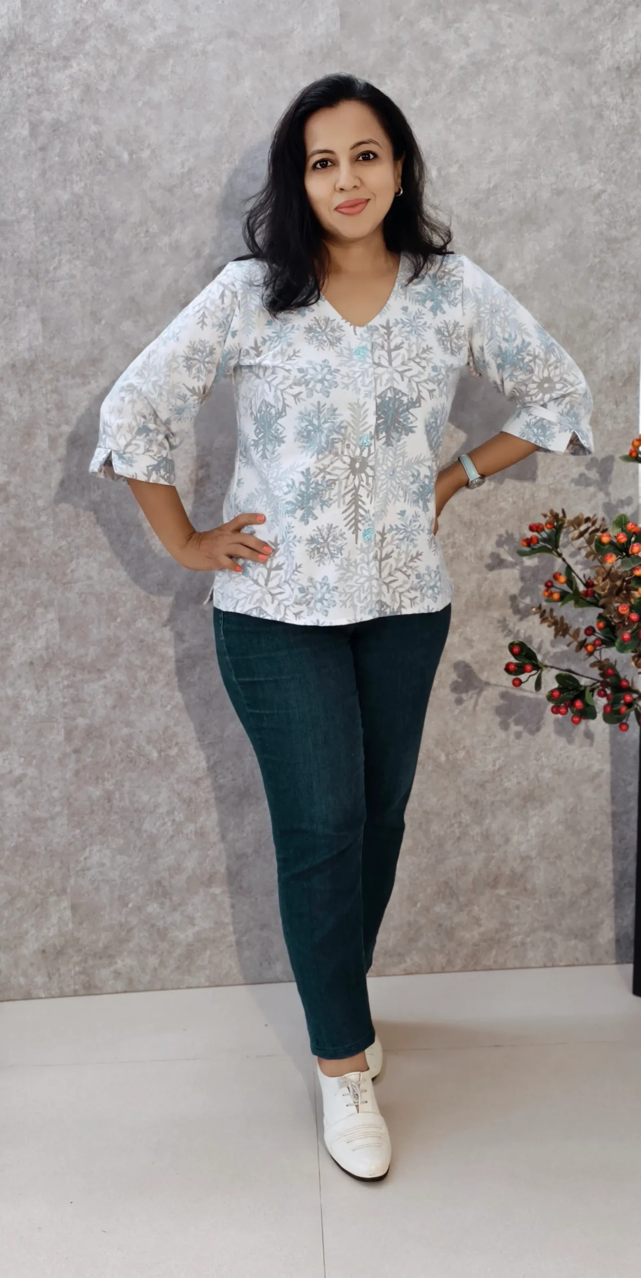 White Printed Flannel Winter Office Top