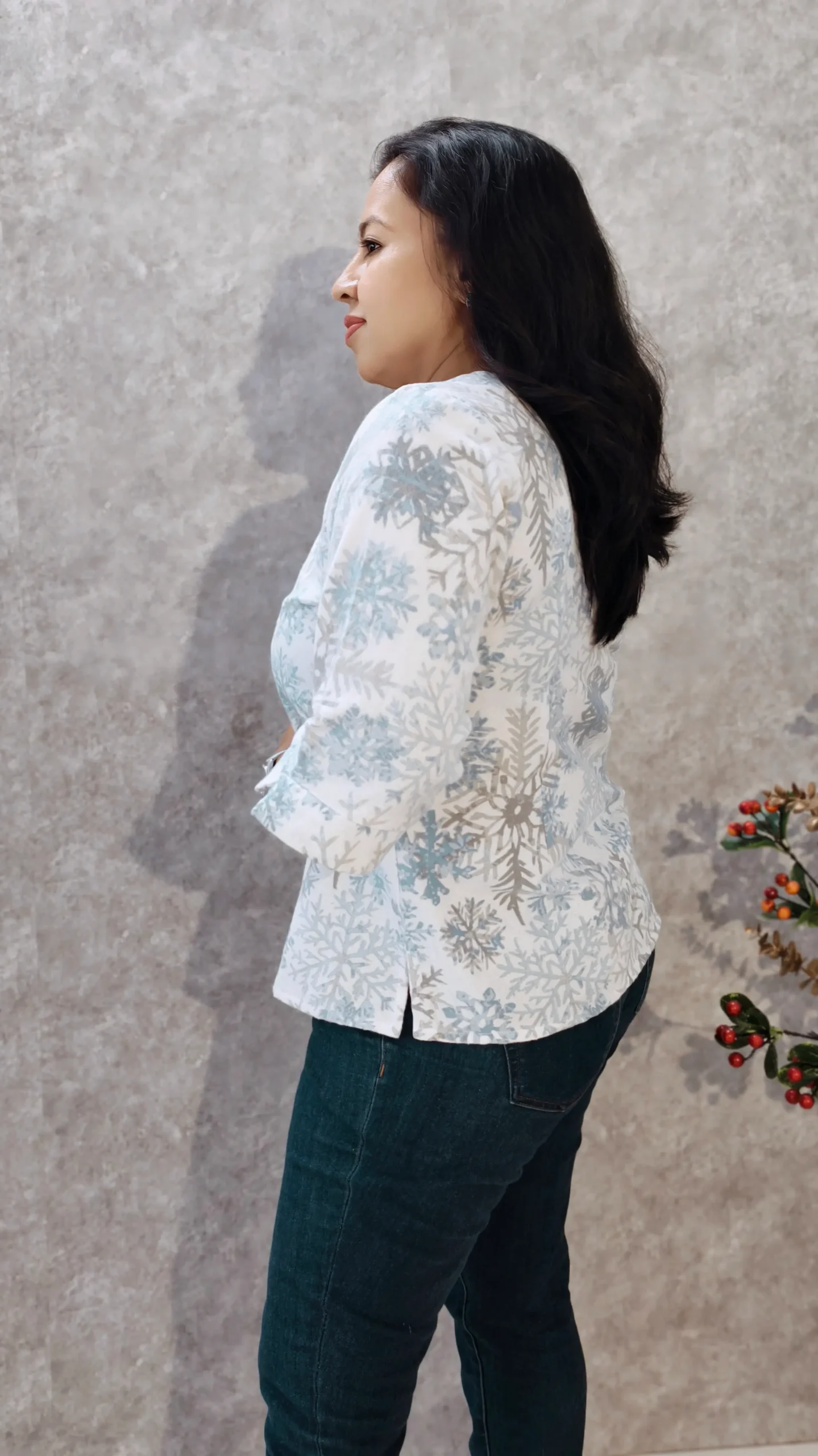 White Printed Flannel Winter Office Top