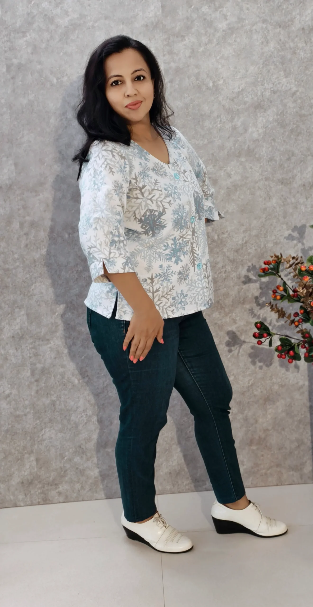 White Printed Flannel Winter Office Top