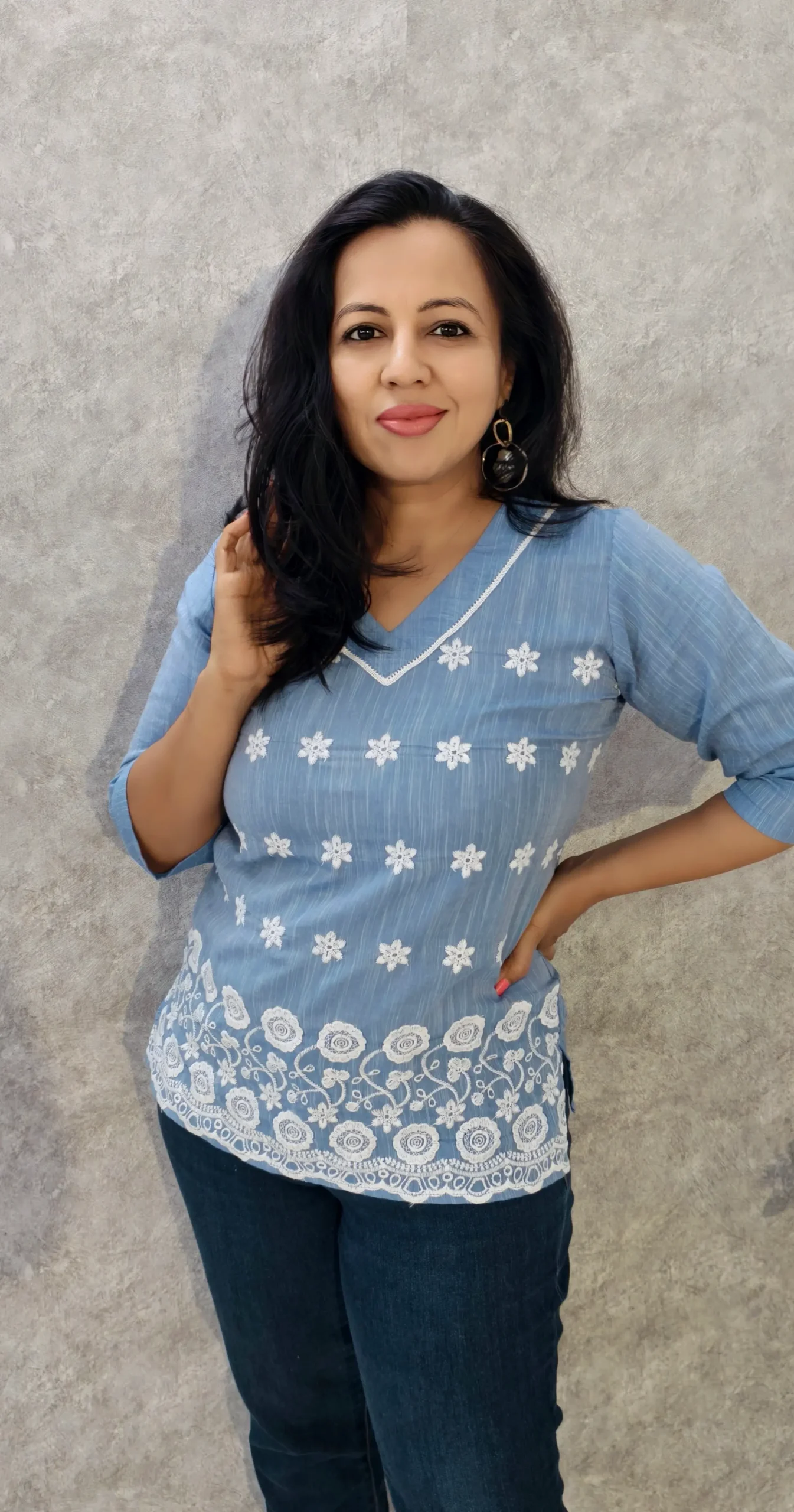 Dusty Blue Chambray Cotton Hakoba Embroidered Top
