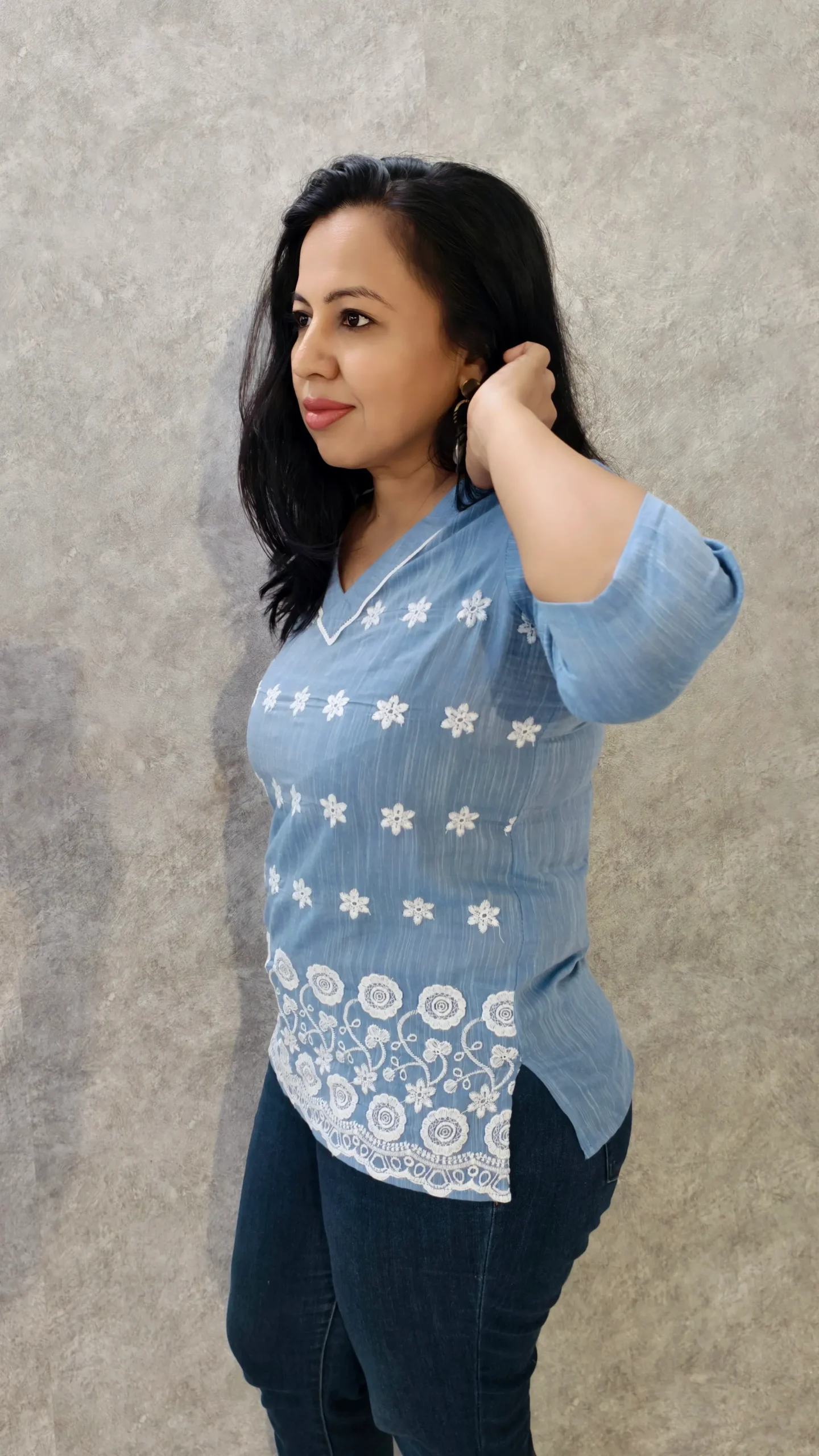 Dusty Blue Chambray Cotton Hakoba Embroidered Top