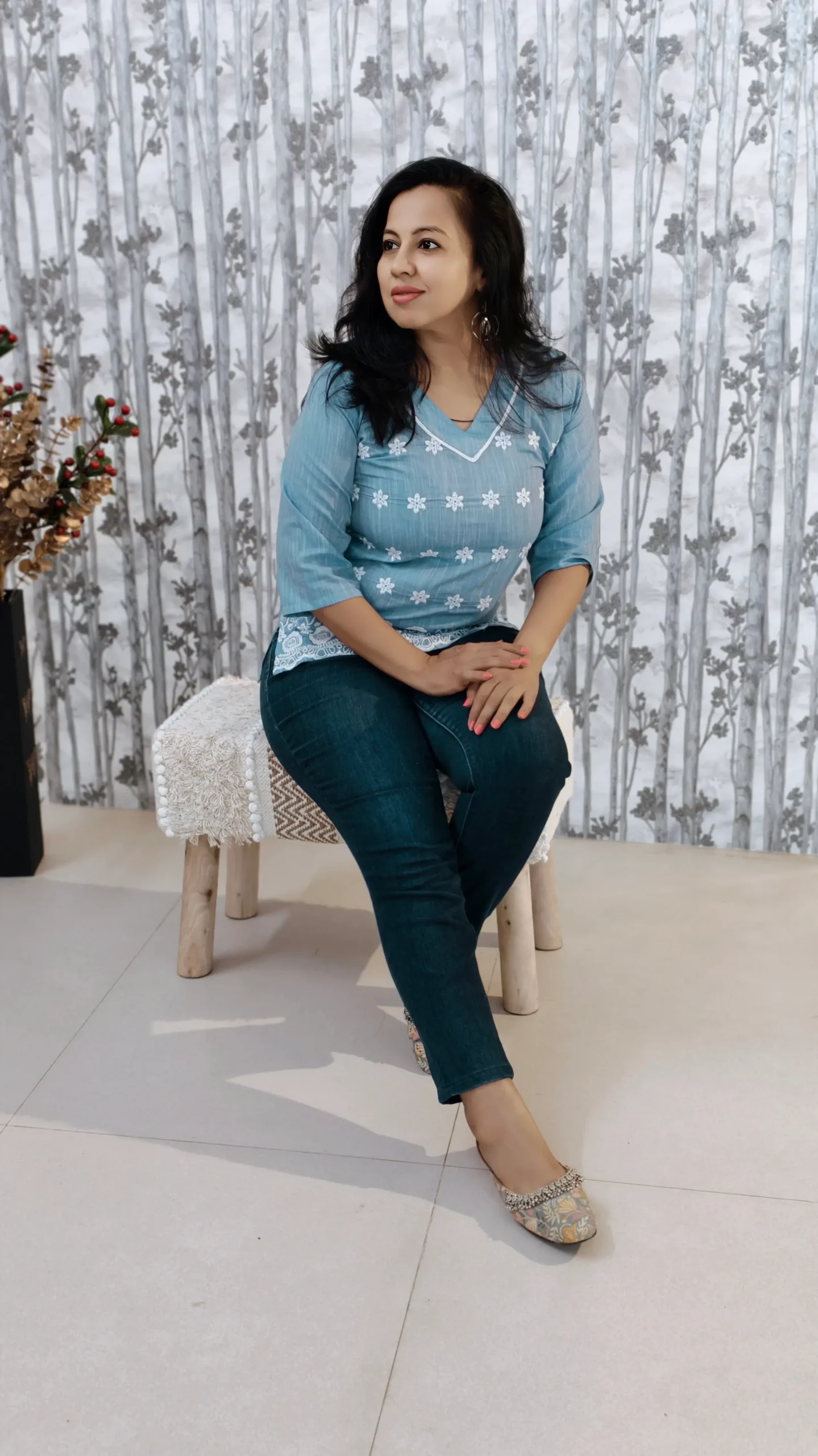 Dusty Blue Chambray Cotton Hakoba Embroidered Top