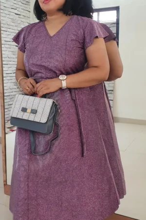 Elegant Purple Shimmer Midi Dress – Graceful, Glamorous & Comfortable