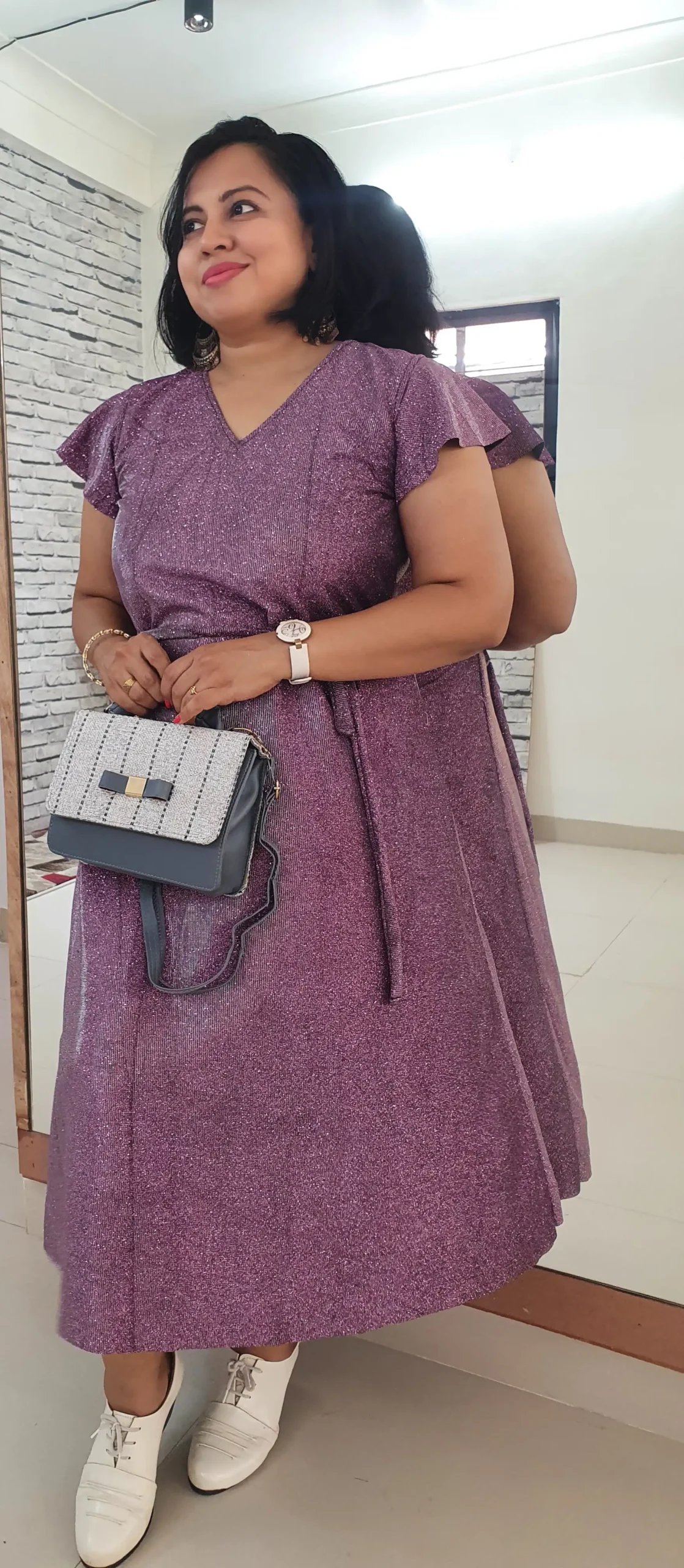 Elegant Purple Shimmer Midi Dress – Graceful, Glamorous & Comfortable