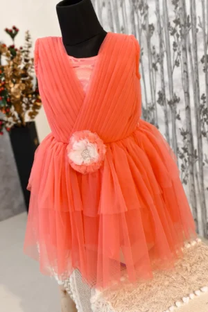 Peach Layered Net Frock with Satin Base