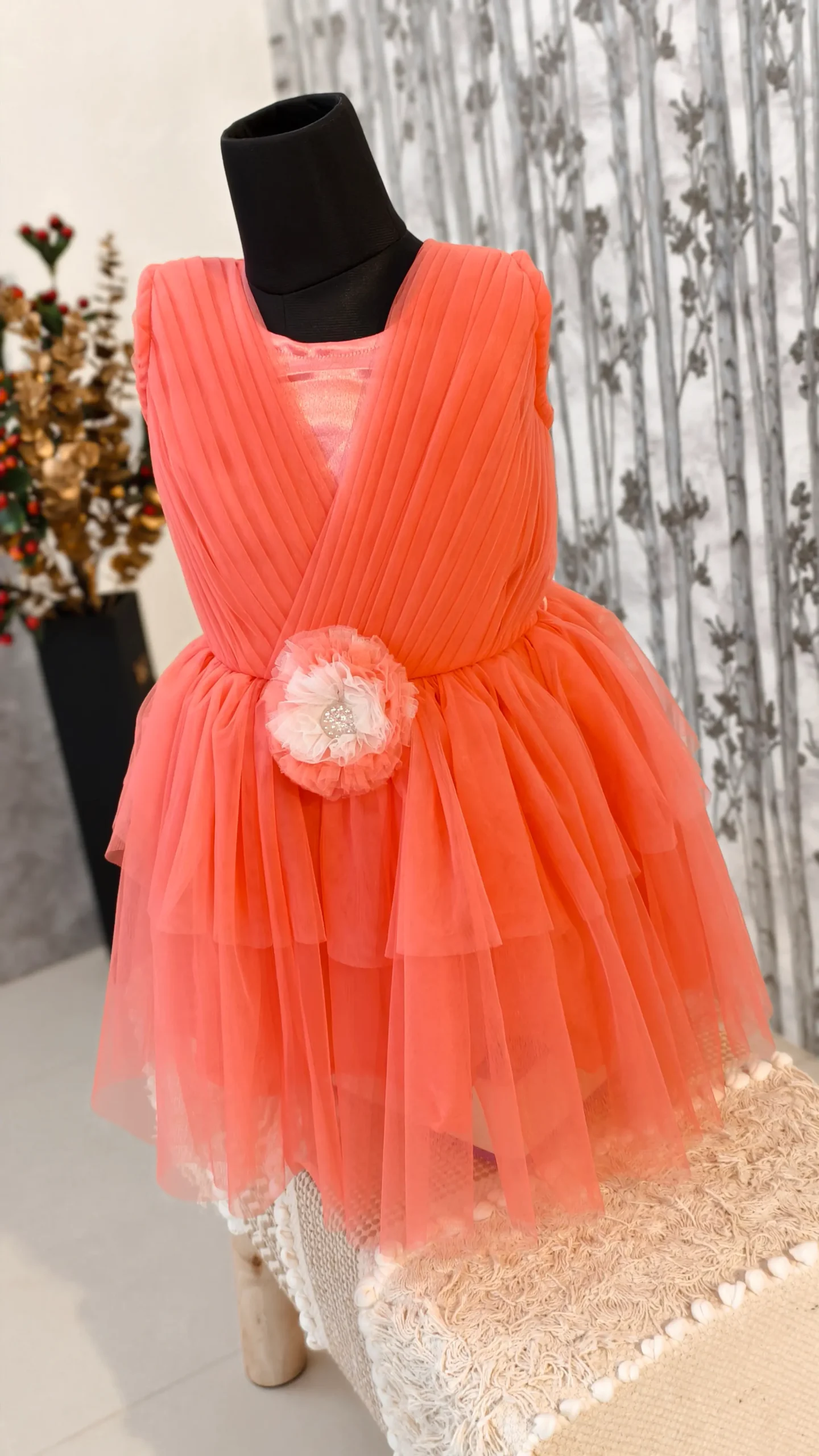 Peach Layered Net Frock with Satin Base
