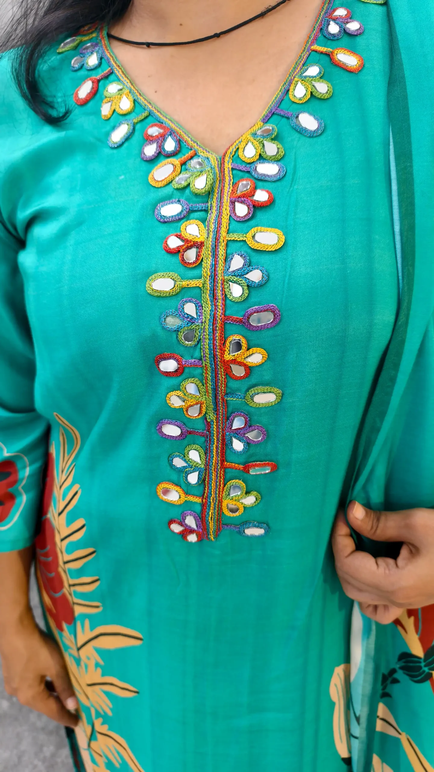 Teal Green Kurti Set with Mirror Work Neckline – Nine2Five