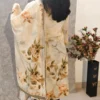 Beige Floral Cotton Kurta Set with Decorative Button Neckline & Dupatta – Nine2Five