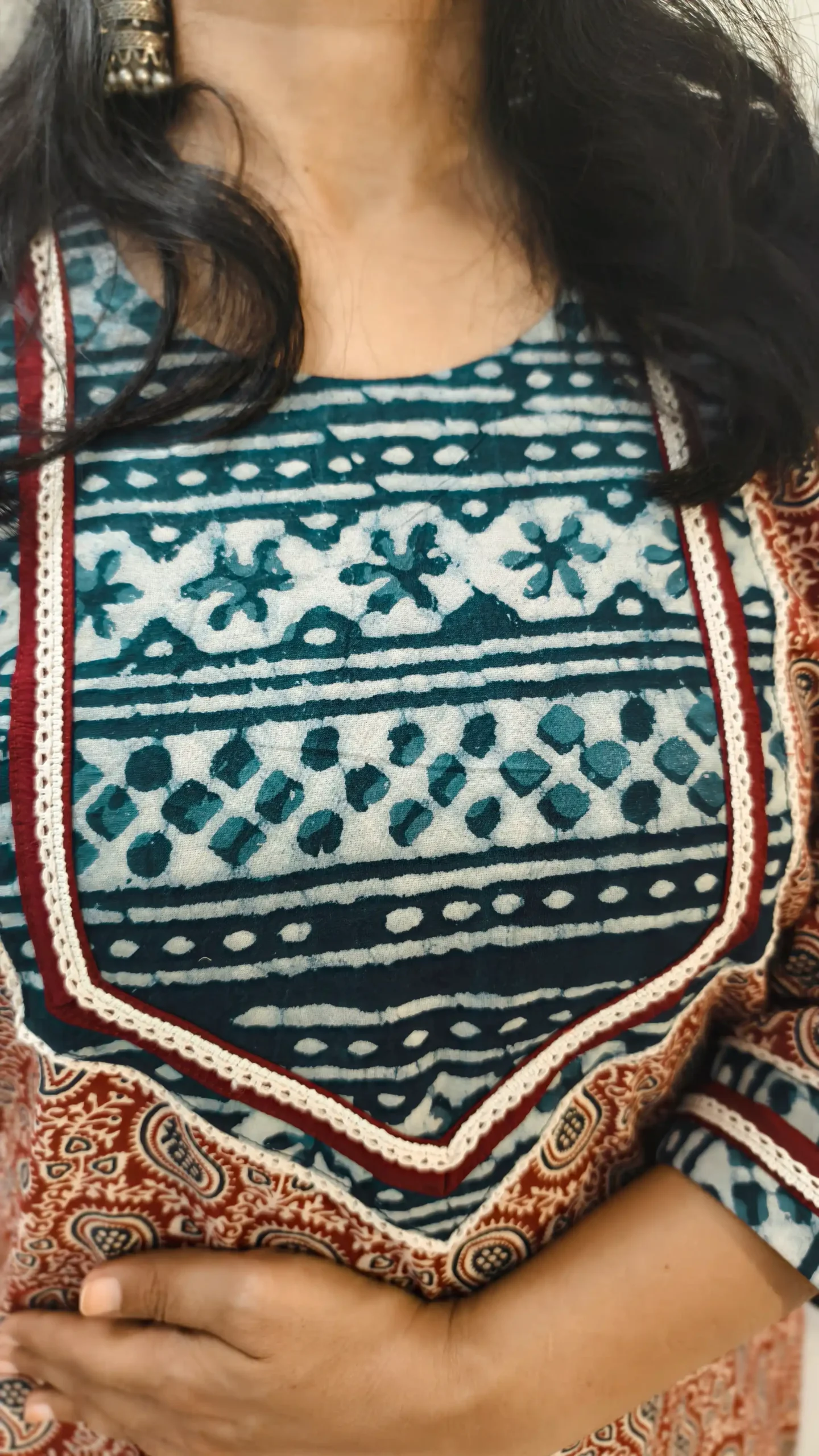Ajrakh Appliqué Kurta in Pure Cotton – Maroon & Indigo