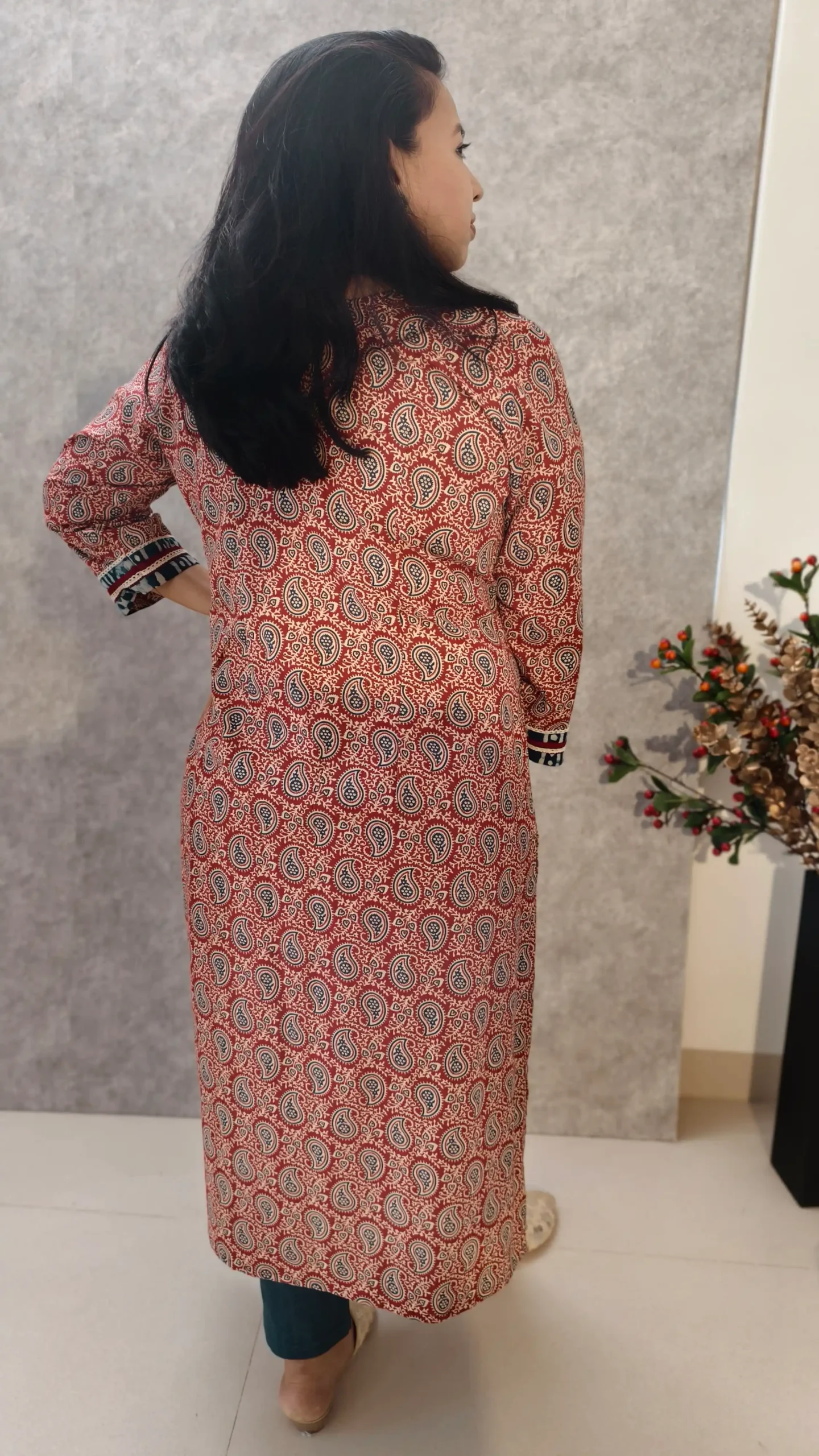Ajrakh Appliqué Kurta in Pure Cotton – Maroon & Indigo