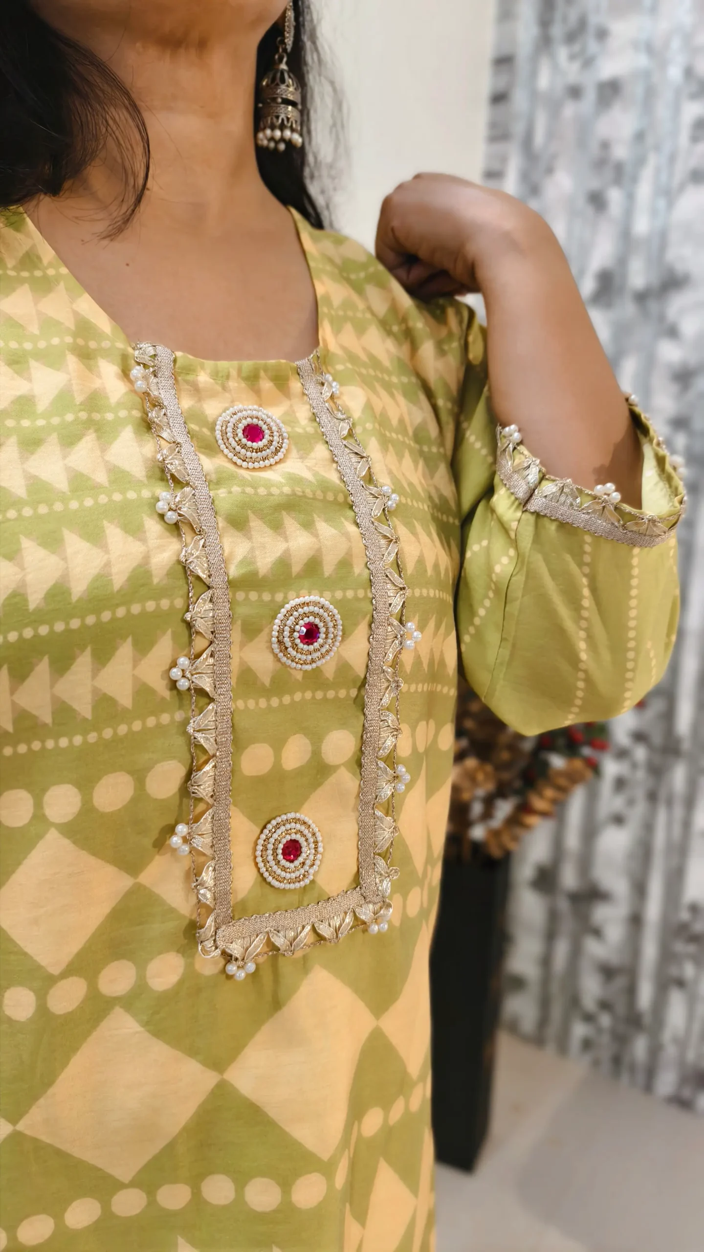Soft Yellow Kurti with Lace Neck & Sleeve