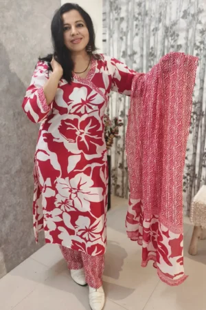Pink & White Mulmul Handblock Print 3-Piece Set – Angarkha Style