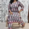 Bhagalpuri Ikat Kurti Pant Set – Grey, Pink & White with Appliqué Detailing