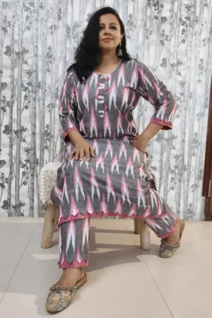 Bhagalpuri Ikat Kurti Pant Set – Grey, Pink & White with Appliqué Detailing