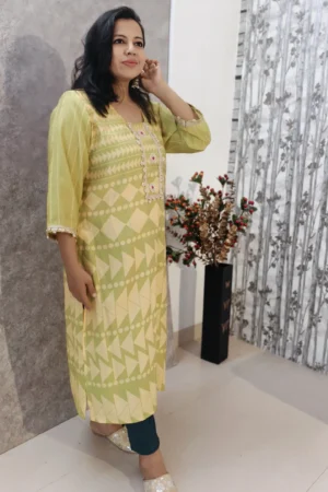 Soft Yellow Kurti with Lace Neck & Sleeve