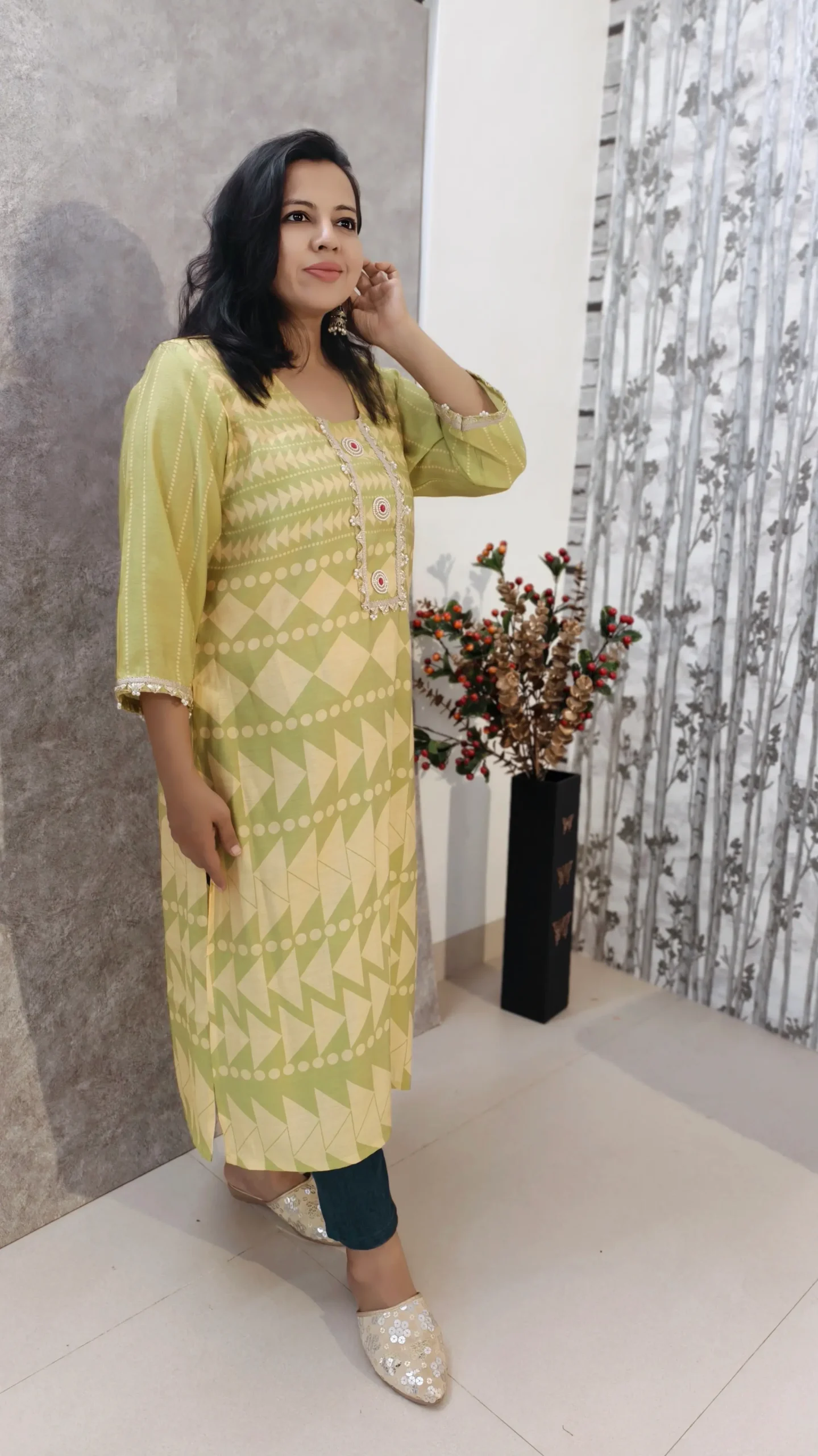 Soft Yellow Kurti with Lace Neck & Sleeve