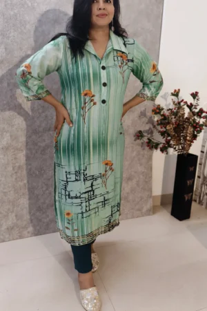Wing Collar Kurti in Cotton Mix – Green with Floral Accents