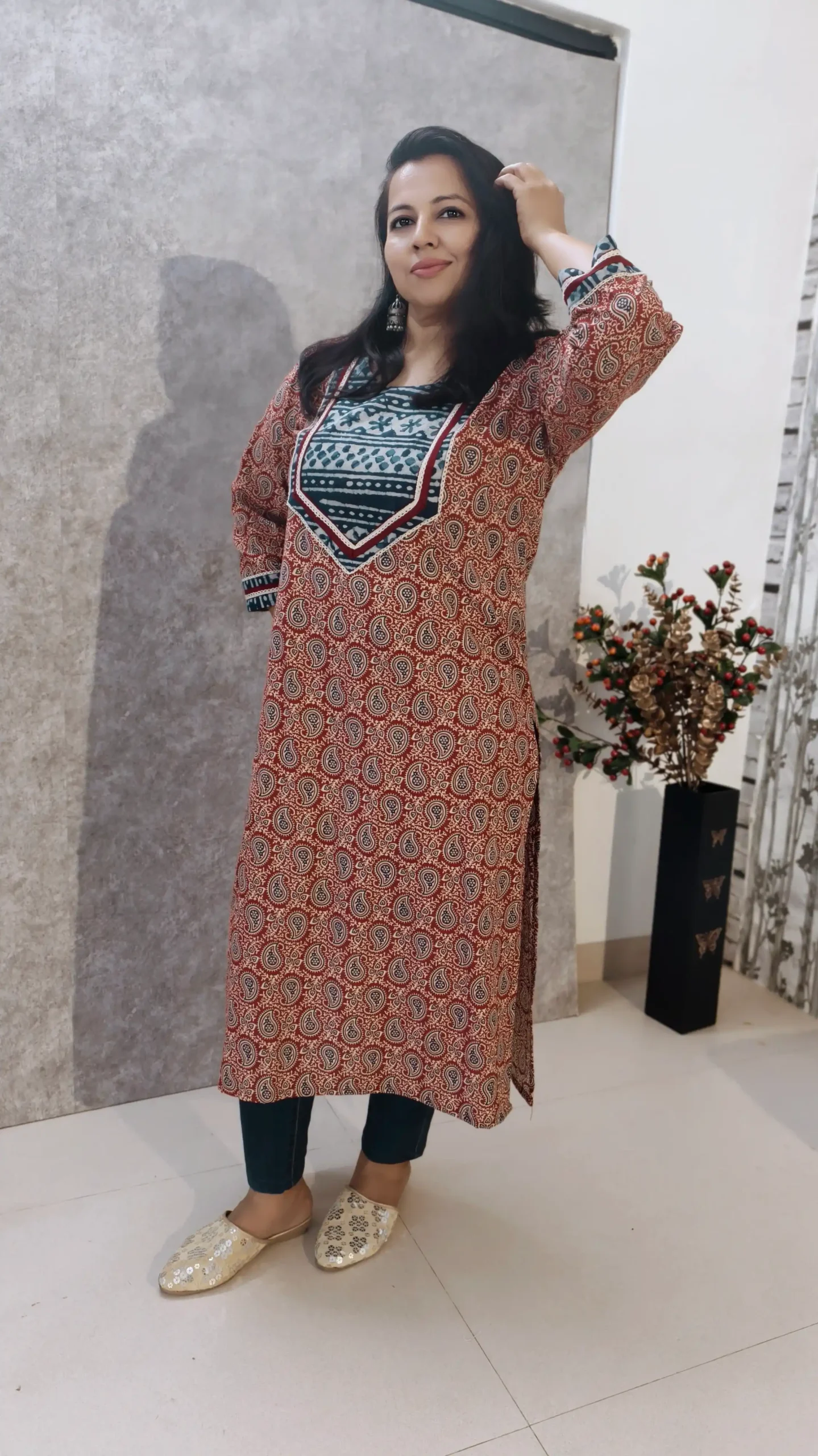 Ajrakh Appliqué Kurta in Pure Cotton – Maroon & Indigo