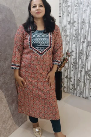 Ajrakh Appliqué Kurta in Pure Cotton – Maroon & Indigo