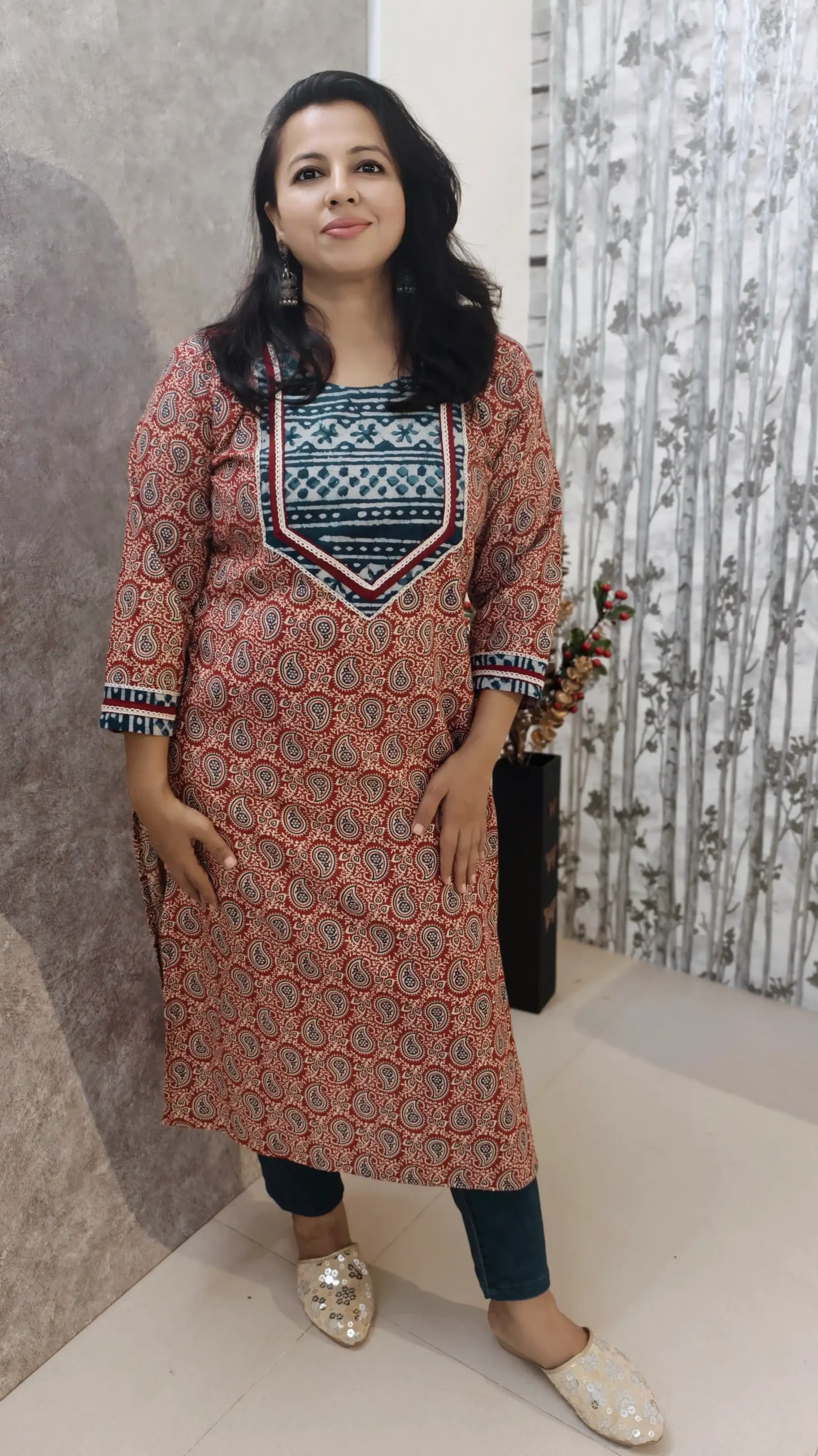 Ajrakh Appliqué Kurta in Pure Cotton – Maroon & Indigo