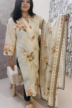 Beige Floral Cotton Kurta Set with Decorative Button Neckline & Dupatta – Nine2Five