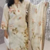 Beige Floral Cotton Kurta Set with Decorative Button Neckline & Dupatta – Nine2Five