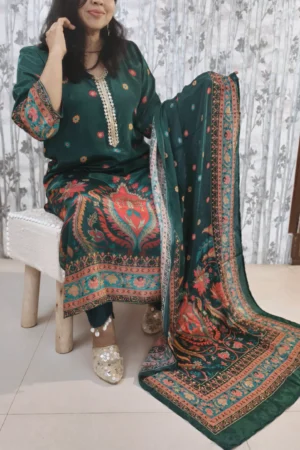 Dark Green Silk Kurta Set with Mirror Work Neckline & Printed Dupatta – Nine2Five