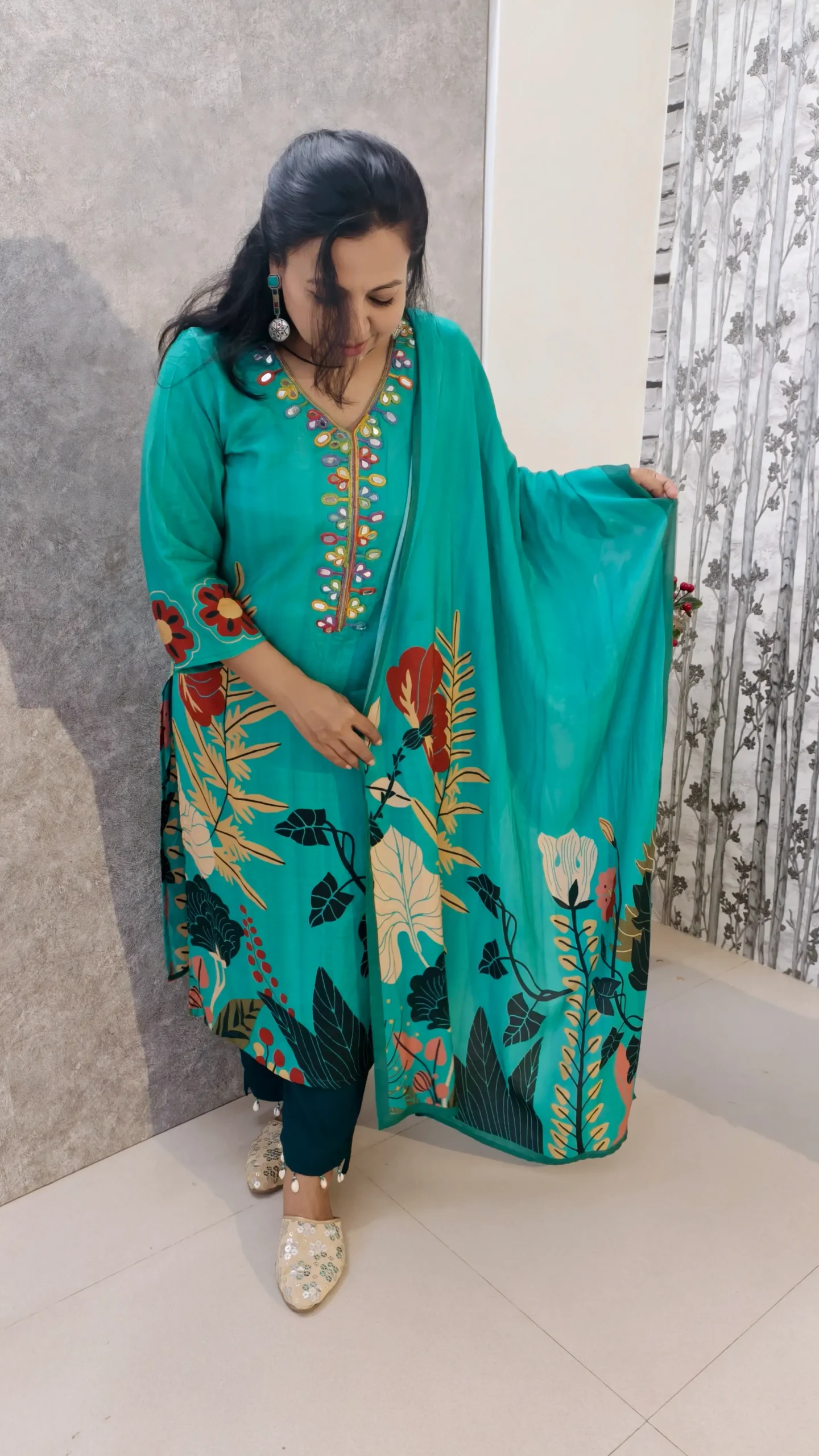 Teal Green Kurti Set with Mirror Work Neckline – Nine2Five