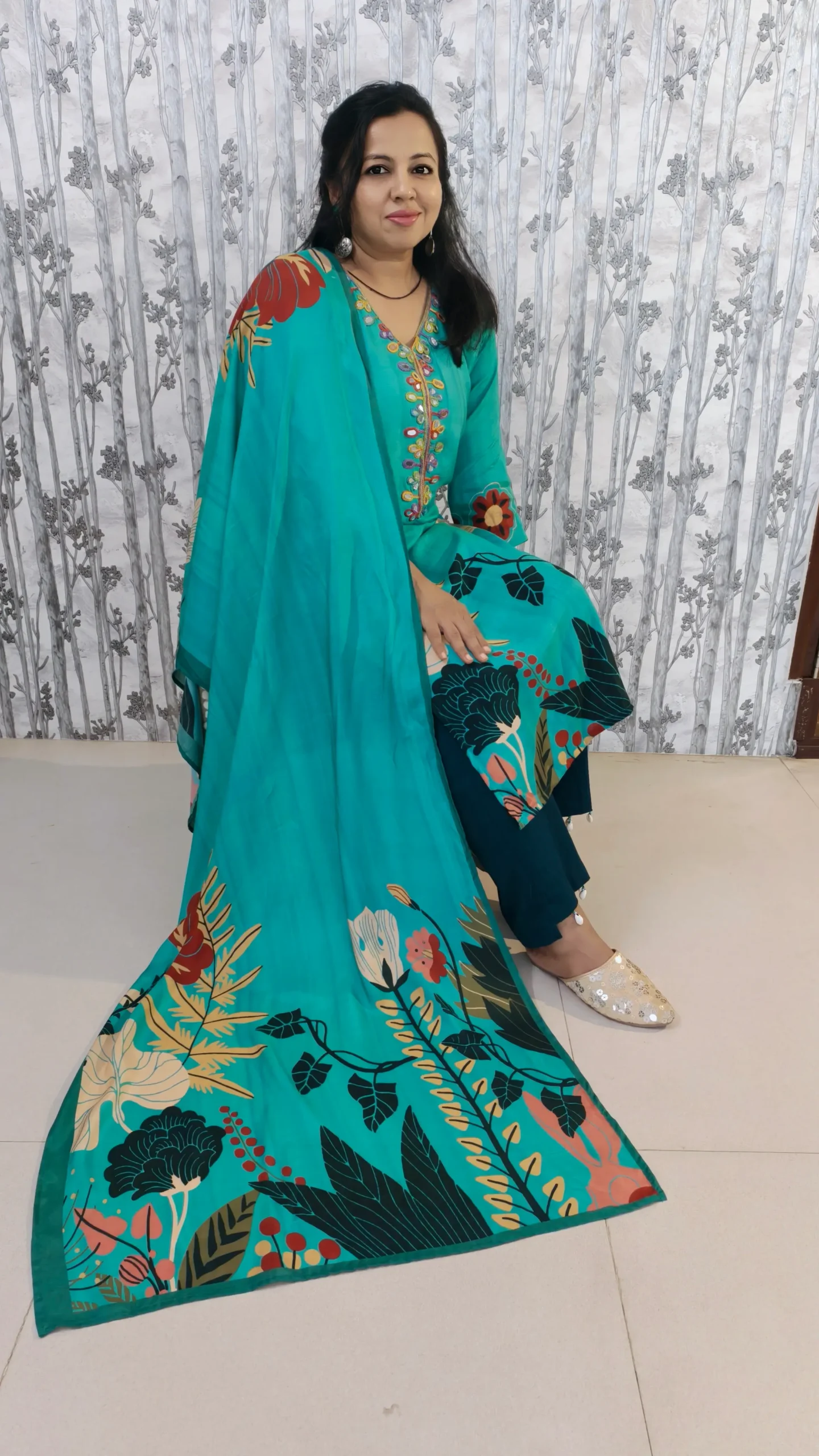 Teal Green Kurti Set with Mirror Work Neckline – Nine2Five