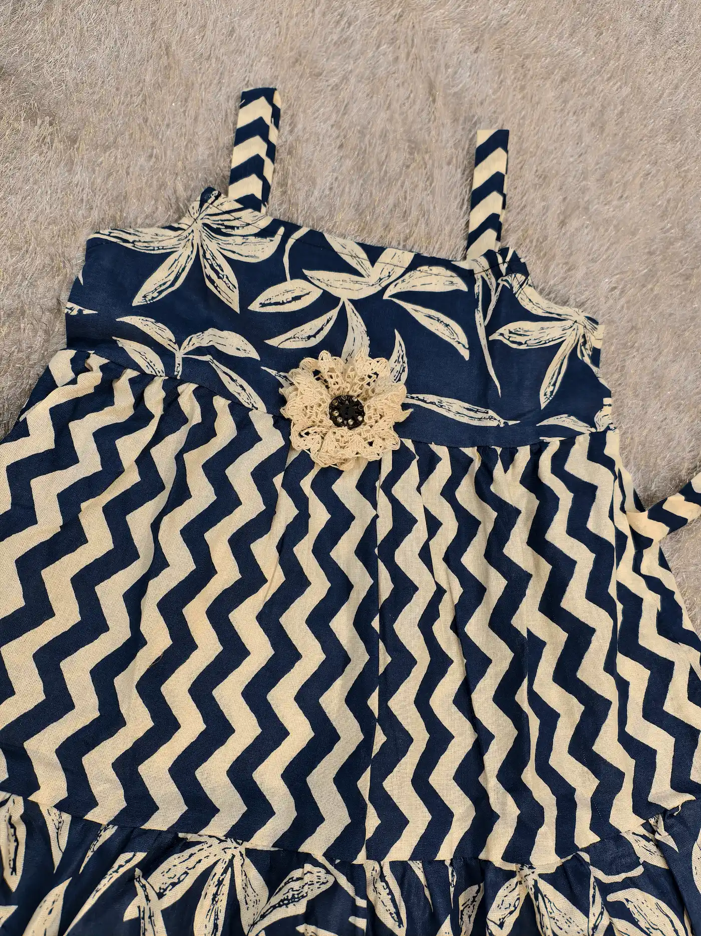 Navy Blue & White Printed Frock with Crochet Flower – For Girls (2–3 Years)