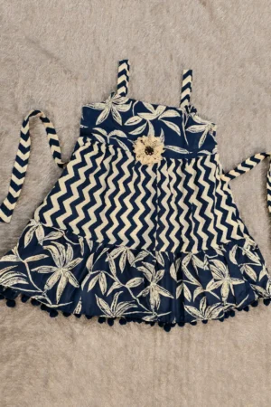 Navy Blue & White Printed Frock with Crochet Flower – For Girls (2–3 Years)