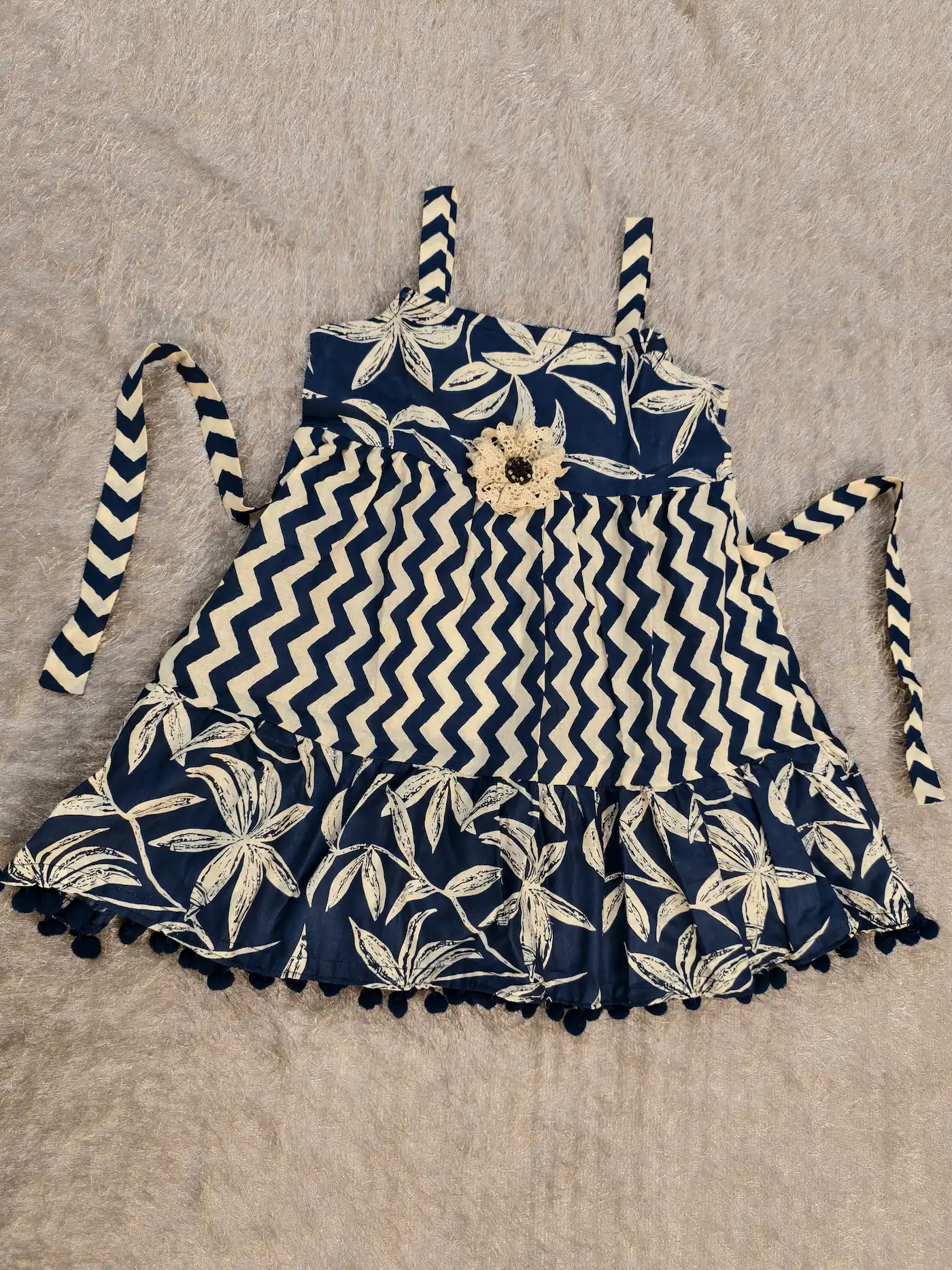 Navy Blue & White Printed Frock with Crochet Flower – For Girls (2–3 Years)