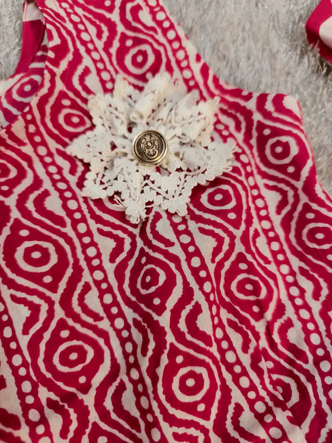 Pink & White Printed Frock with Crochet Flower
