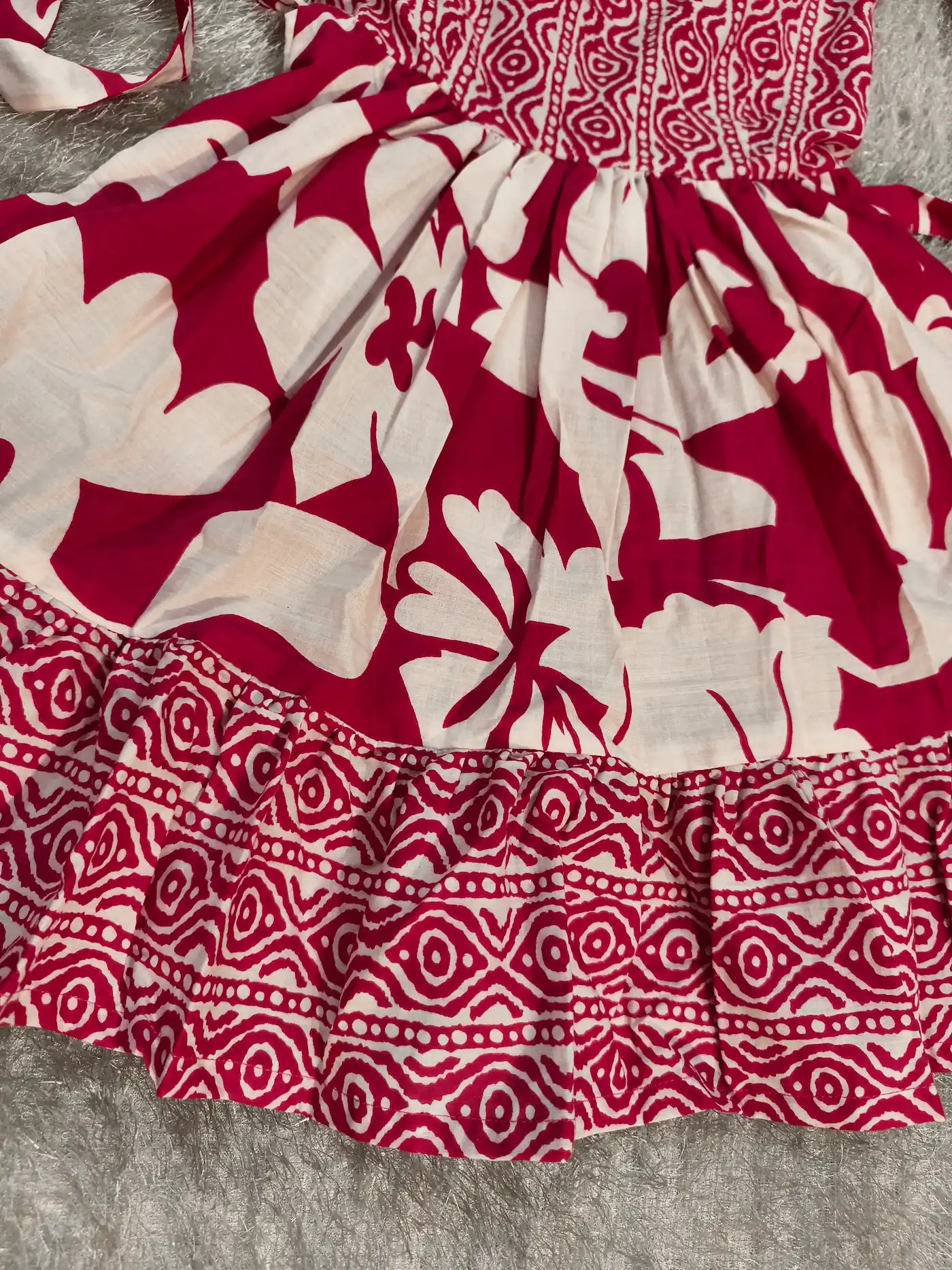 Pink & White Printed Frock with Crochet Flower