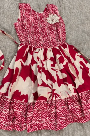 Pink & White Printed Frock with Crochet Flower