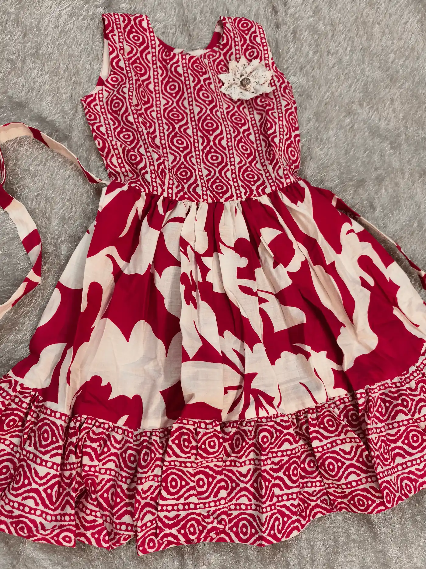 Pink & White Printed Frock with Crochet Flower