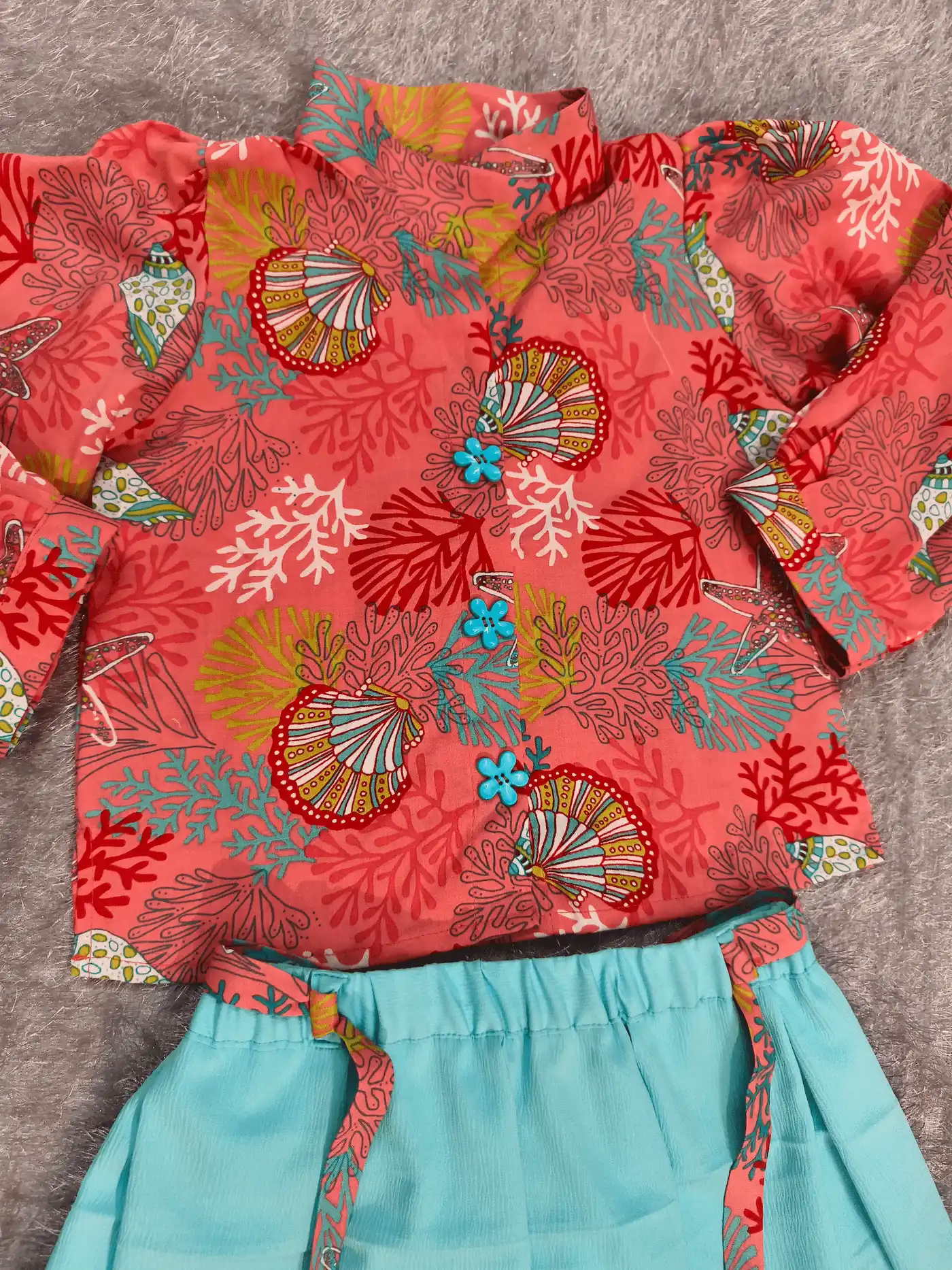 Kids 2-Piece Dress Set – Coral Seashell Print Shirt & Aqua Soft Delta Skirt