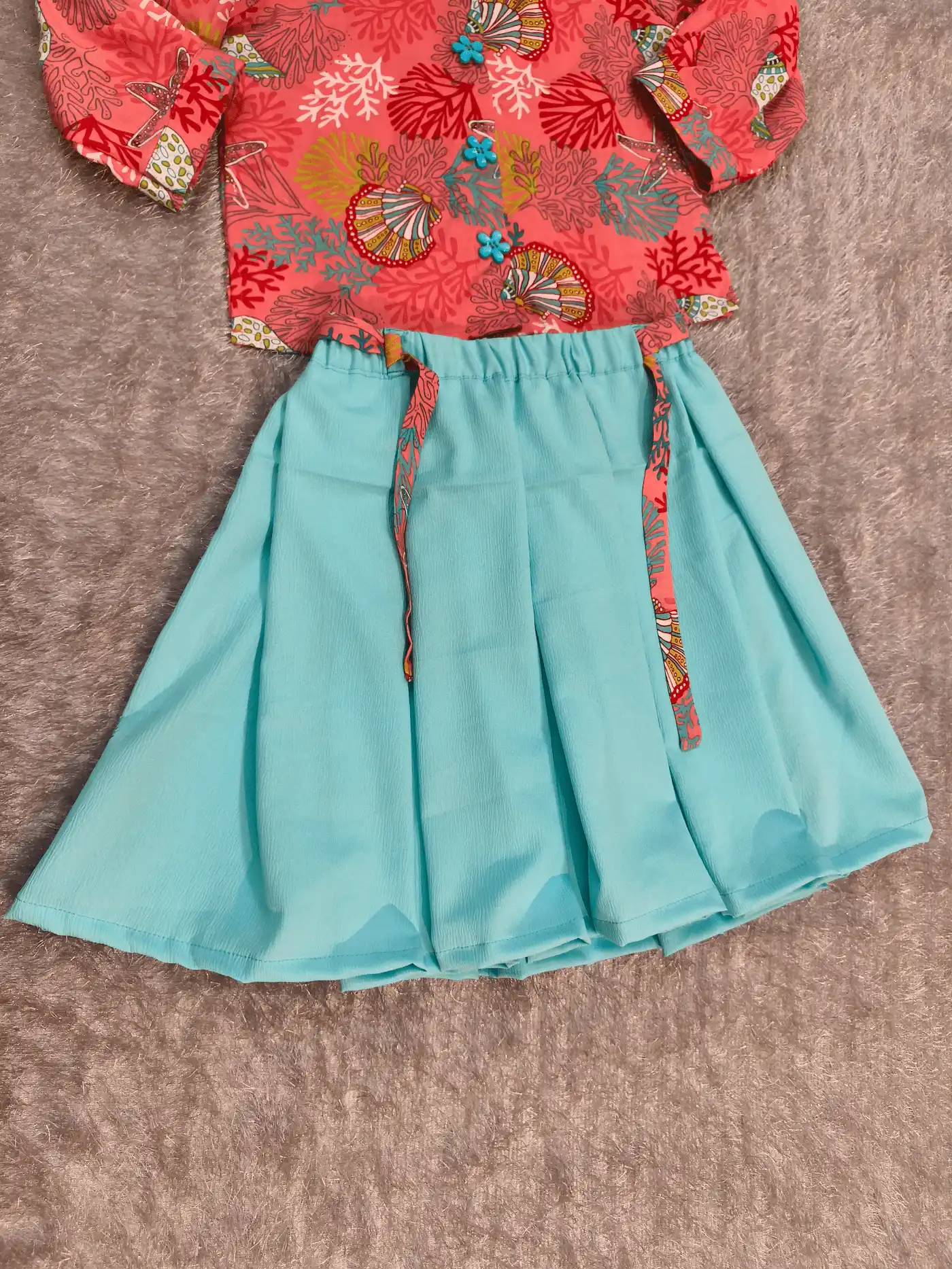 Kids 2-Piece Dress Set – Coral Seashell Print Shirt & Aqua Soft Delta Skirt