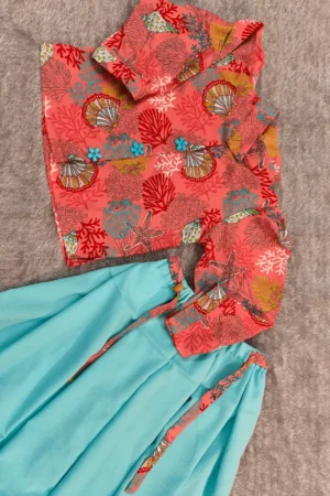 Kids 2-Piece Dress Set – Coral Seashell Print Shirt & Aqua Soft Delta Skirt