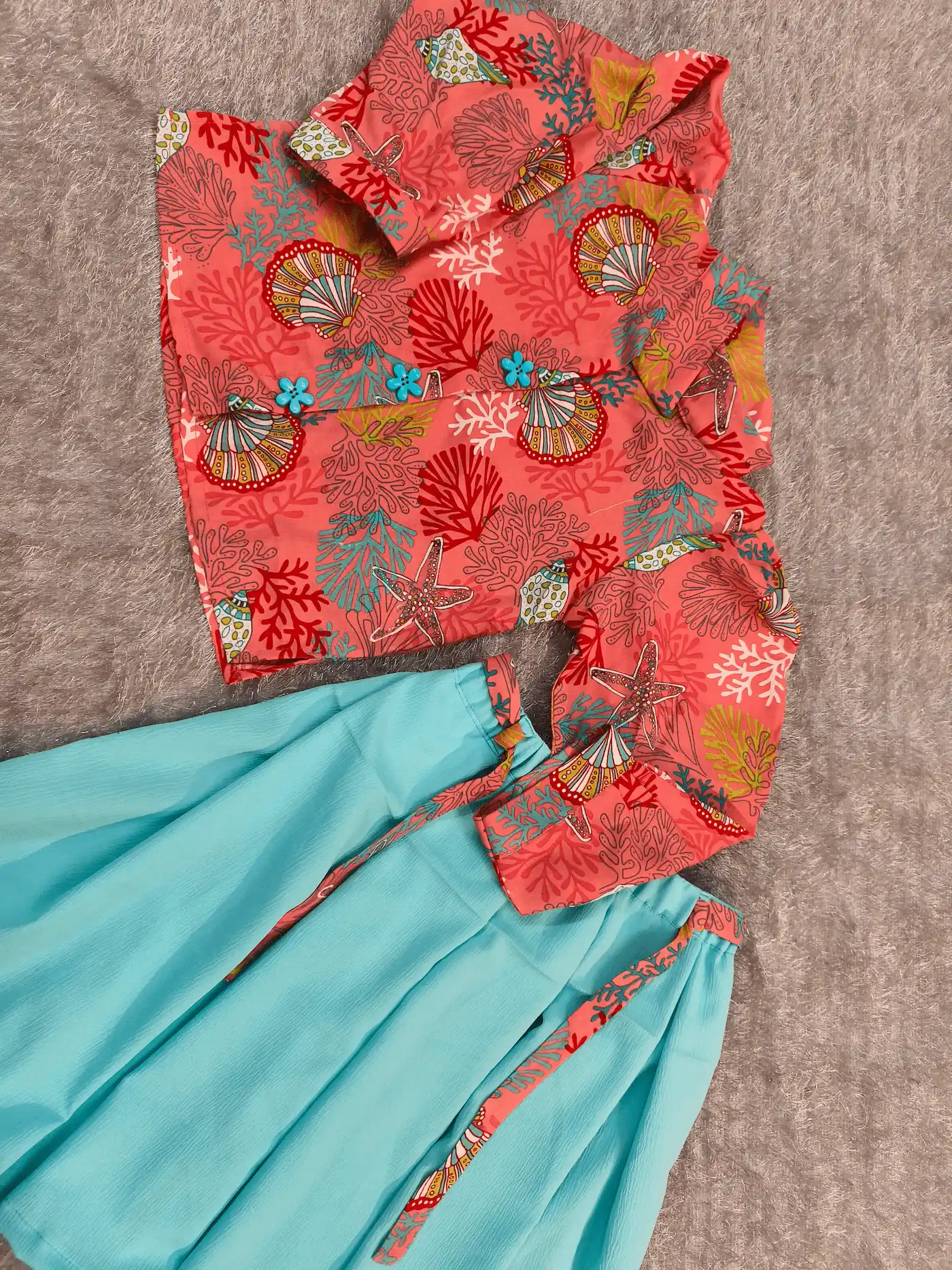 Kids 2-Piece Dress Set – Coral Seashell Print Shirt & Aqua Soft Delta Skirt