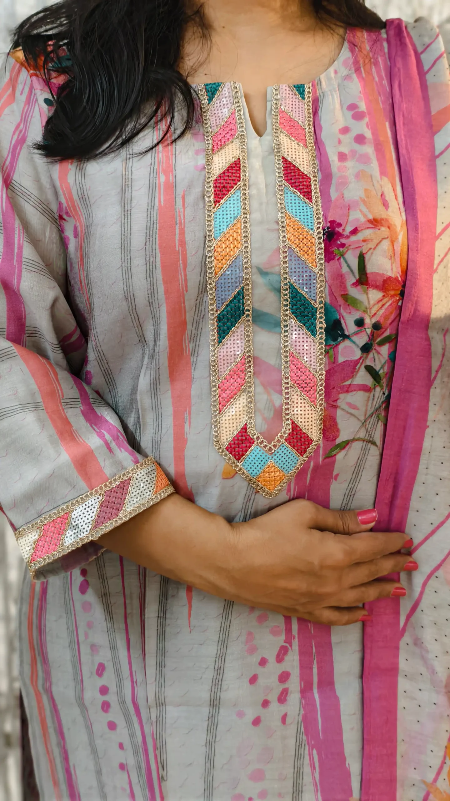 Pastel Striped Muslin Kurti with Dupatta – 2 Piece Set nine2five