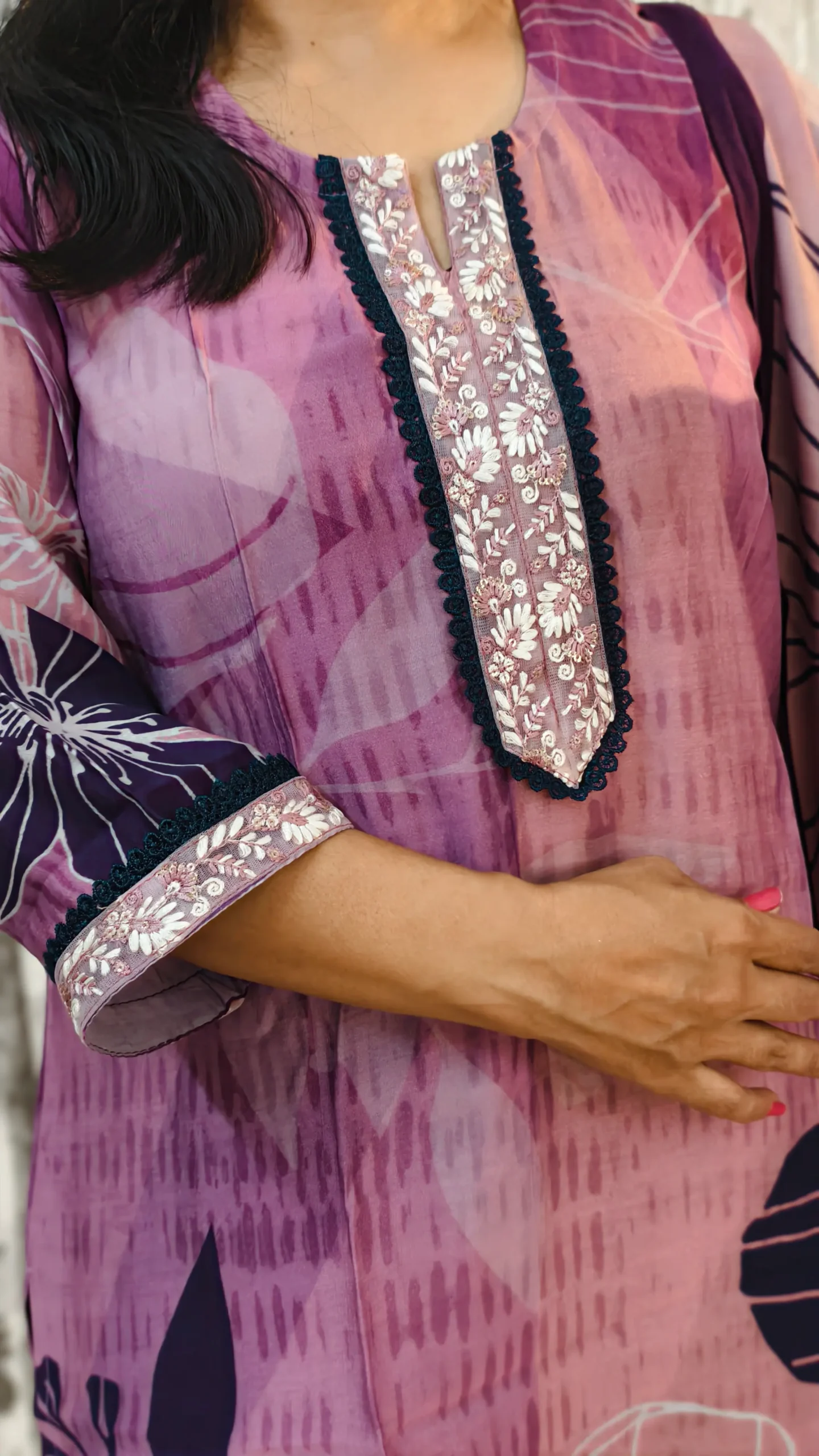 Nine2Five Women's Kurti & Dupatta Set – Pink & Purple Floral, Muslin Cotton Blend, Ethnic Wear