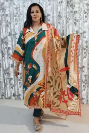 Nine2Five Multicolor Kurti & Dupatta Set – Cotton Blend, Wing Collar