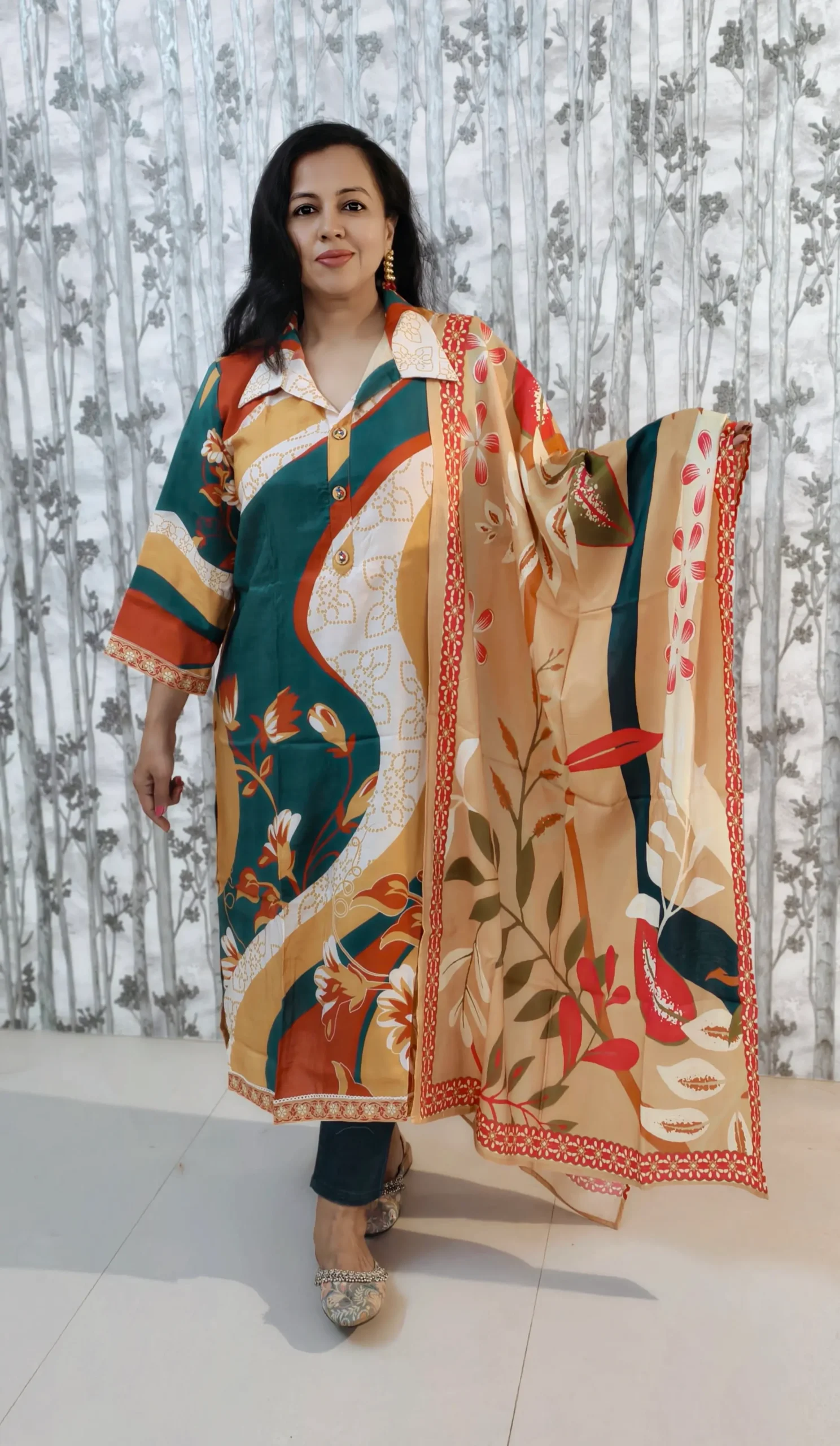 Nine2Five Multicolor Kurti & Dupatta Set – Cotton Blend, Wing Collar