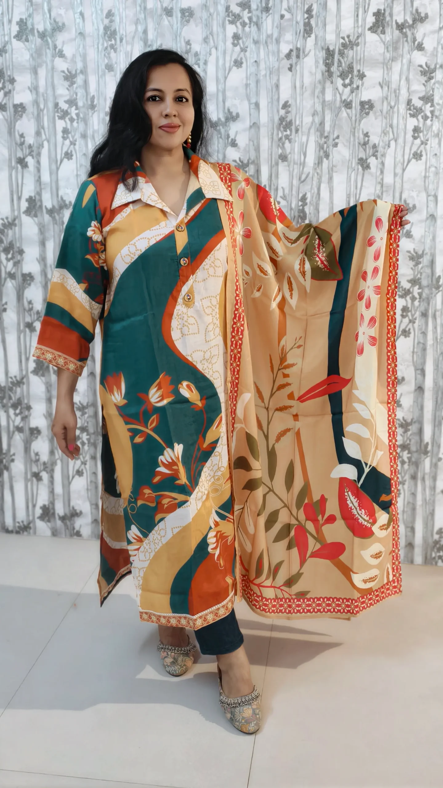 Nine2Five Multicolor Kurti & Dupatta Set – Cotton Blend, Wing Collar