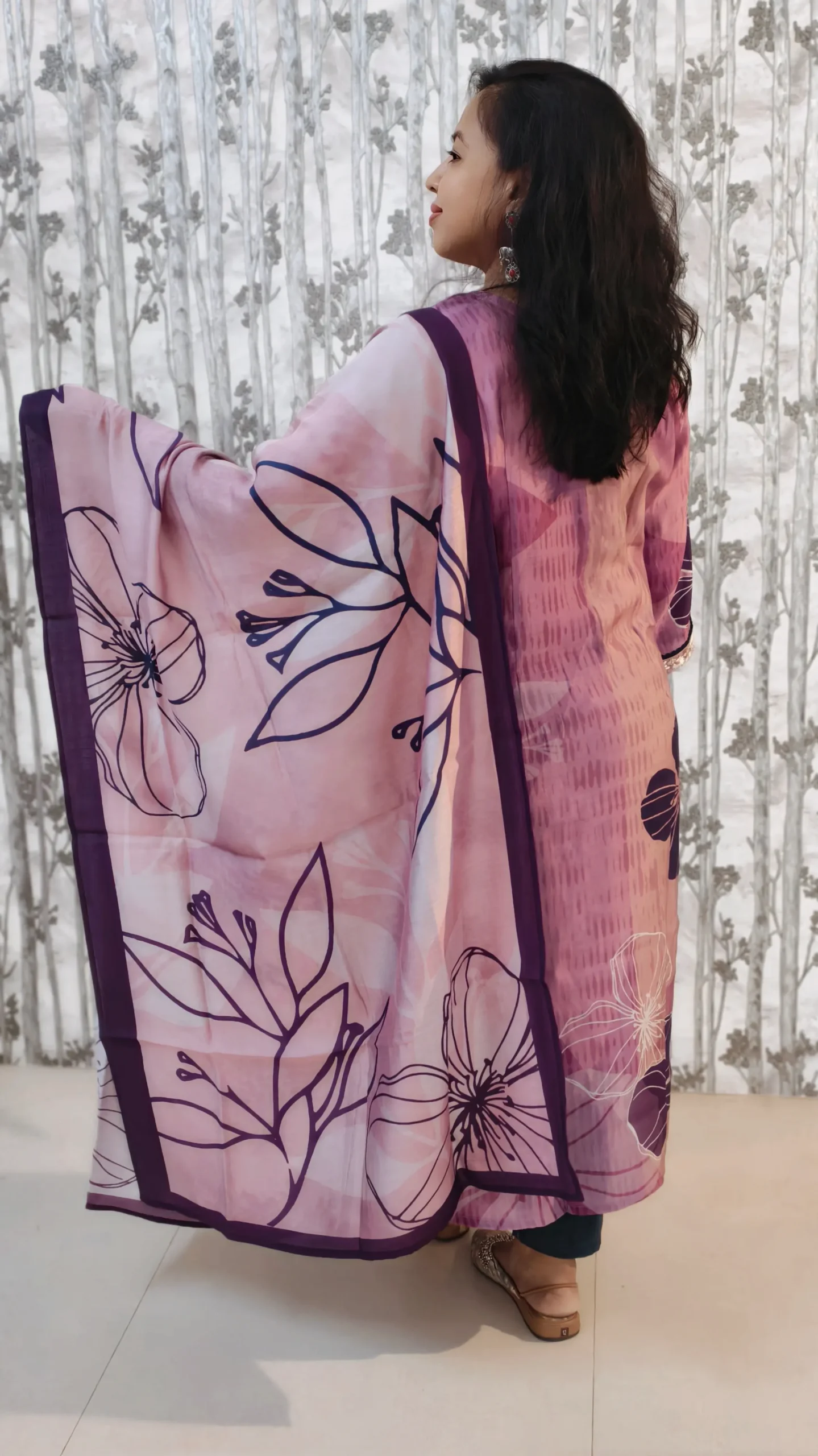 Nine2Five Women's Kurti & Dupatta Set – Pink & Purple Floral, Muslin Cotton Blend, Ethnic Wear