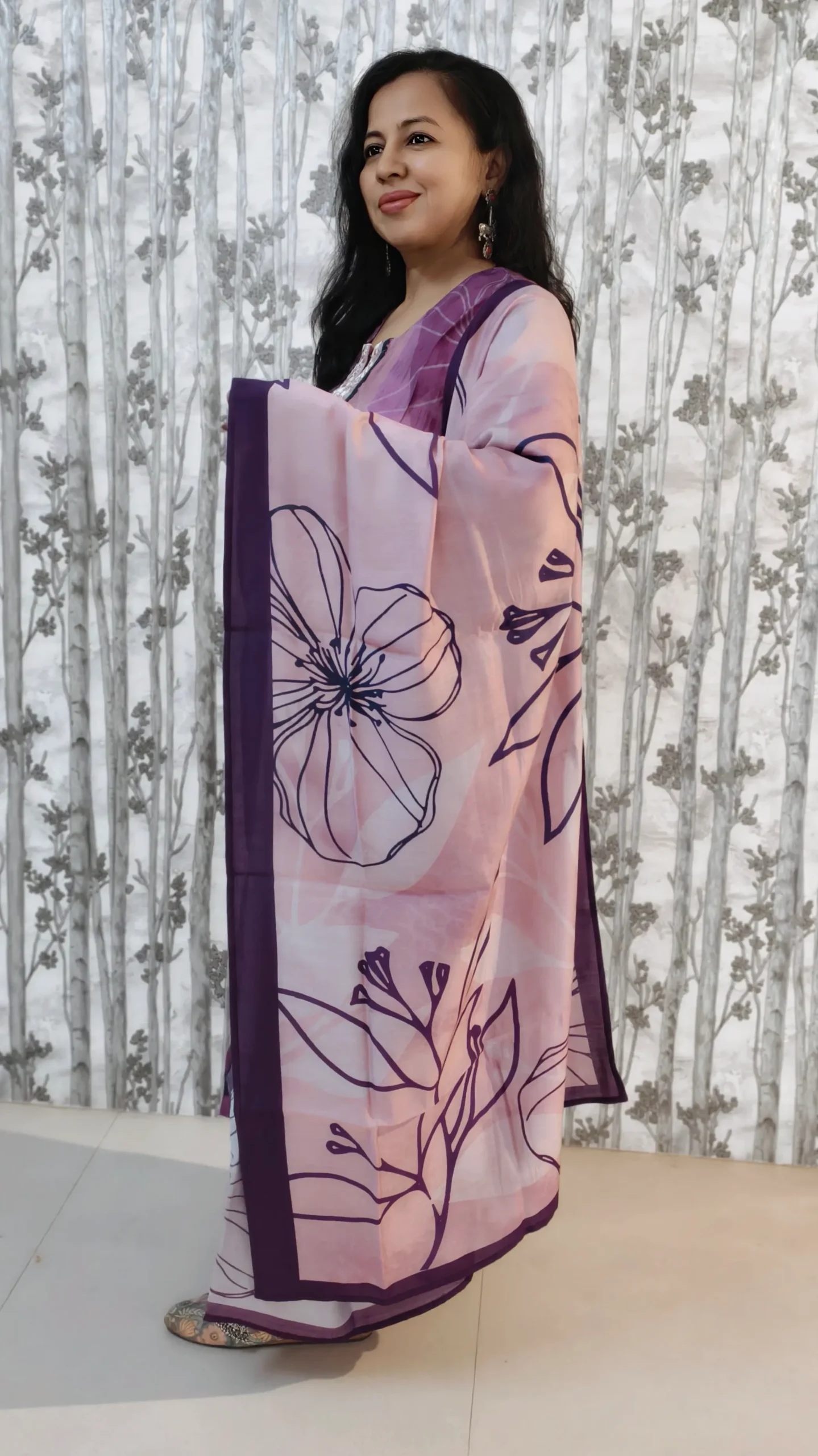 Nine2Five Women's Kurti & Dupatta Set – Pink & Purple Floral, Muslin Cotton Blend, Ethnic Wear