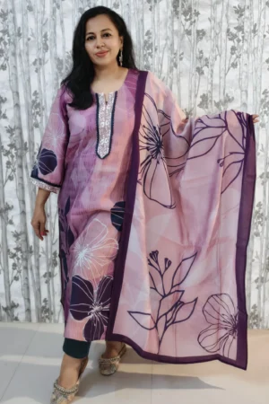 Nine2Five Women's Kurti & Dupatta Set – Pink & Purple Floral, Muslin Cotton Blend, Ethnic Wear