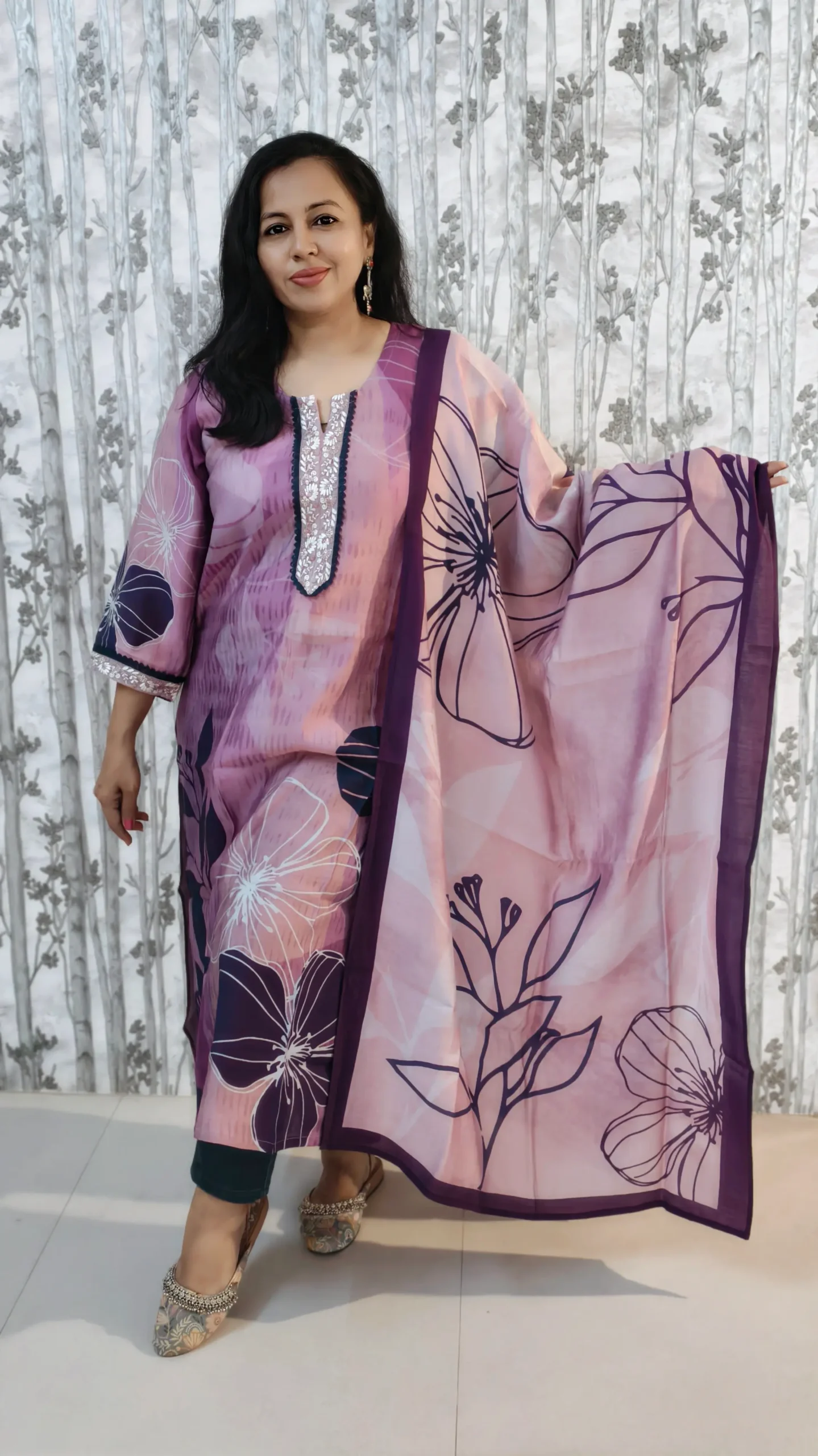 Nine2Five Women's Kurti & Dupatta Set – Pink & Purple Floral, Muslin Cotton Blend, Ethnic Wear